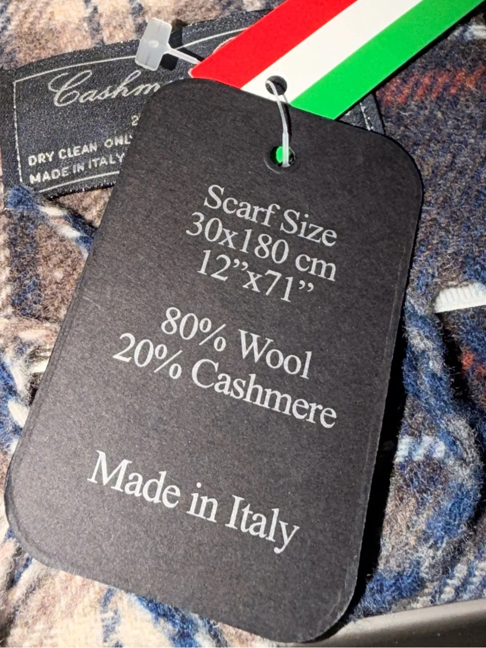 NWT NIB Men’s Cashmere Blend Wool Plaid Scarf Navy Made in Italy